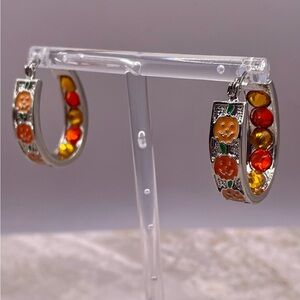 Danbury Mint Silver Tone Earrings w/Enamel Pumpkins & Crystals. Orange, Yellow
